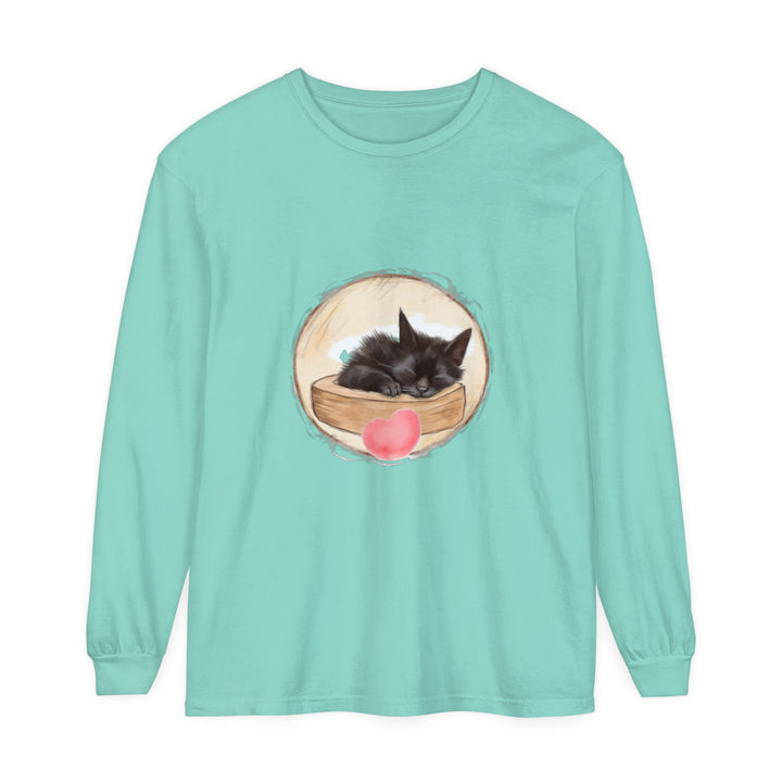 Adorable sleeping kitten illustration on a comfortable unisex t-shirt perfect for bedtime wear