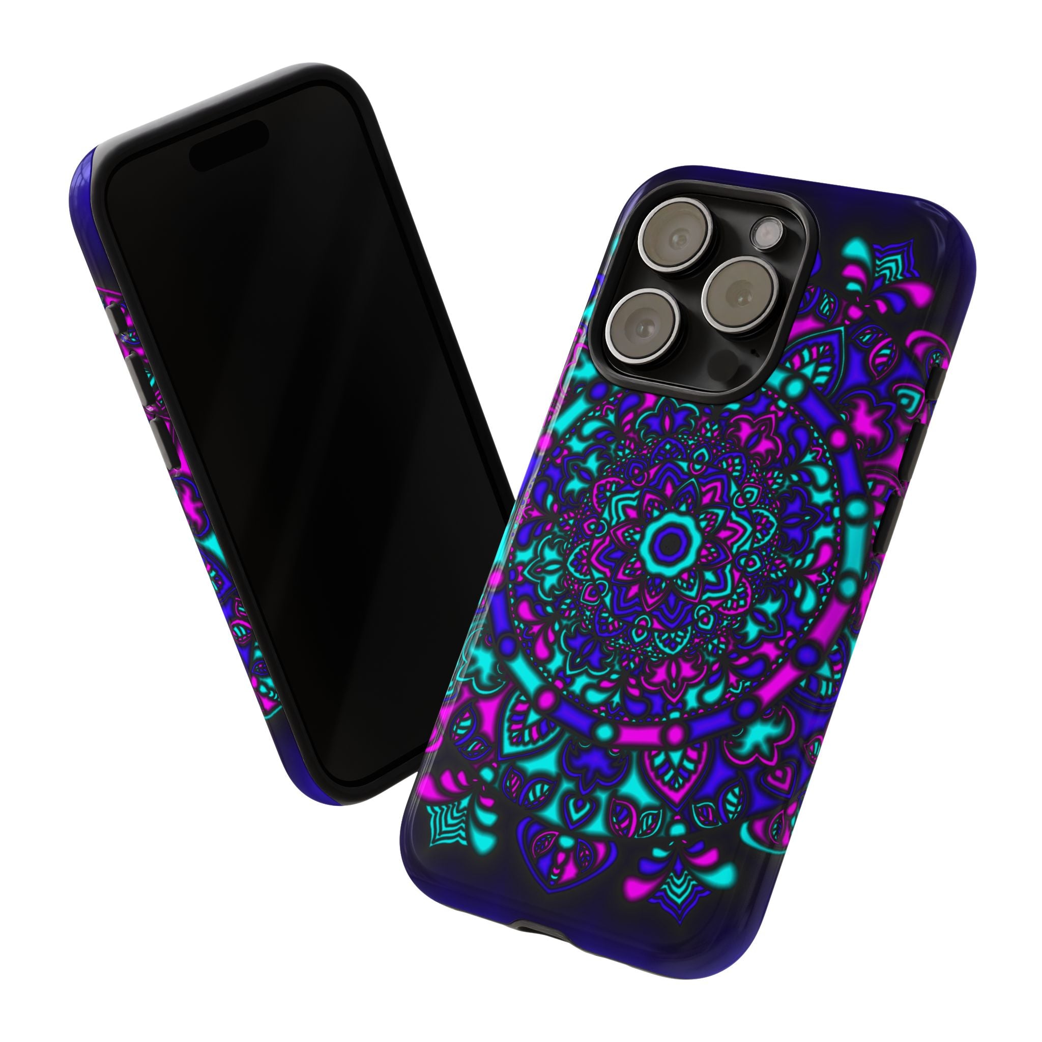 Mandala Neon Phone Case — Purple & Teal Protective Tough Case