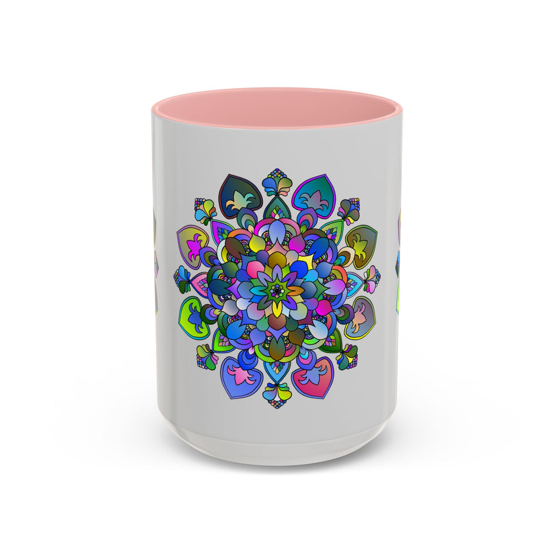 Colorful mandala artwork on a grey background coffee mug