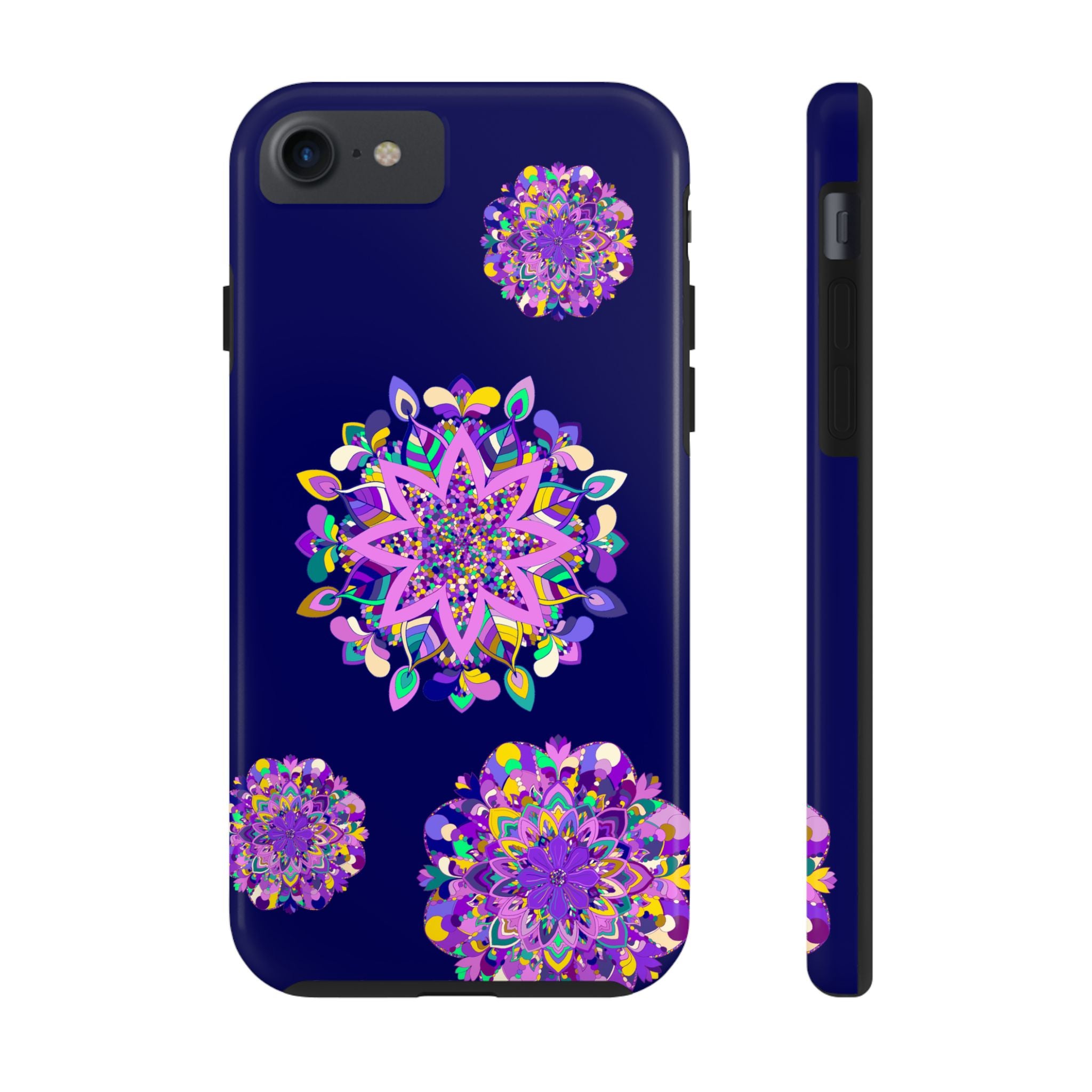 Hand drawn mandala art purple shades phone case, durable and shock absorbent, showcasing intricate design and reliable protection for your device