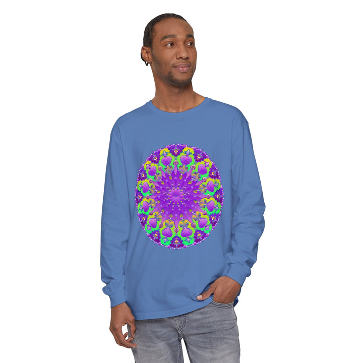 Beautiful long sleeve T-shirt with purple and green mandala design