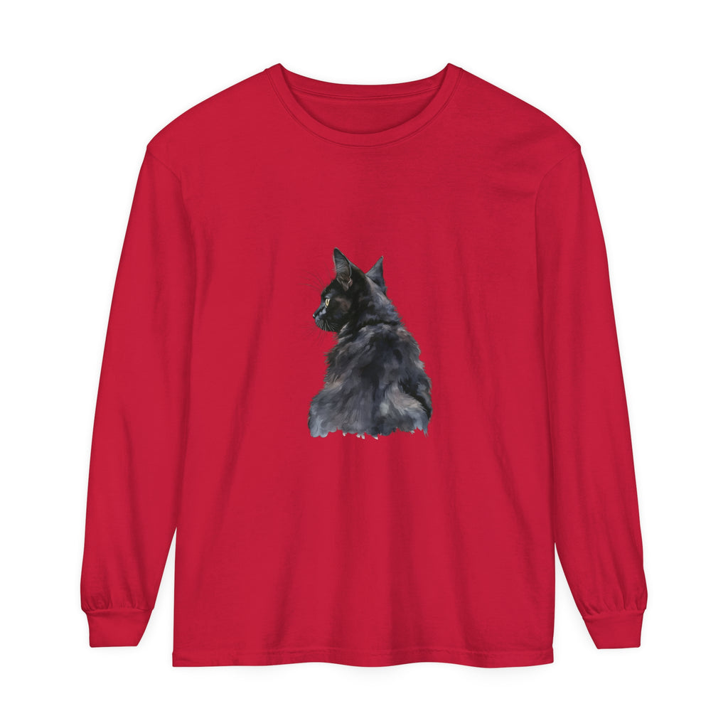 Black Cat Watercolor Long Sleeve T-Shirt featuring a beautiful watercolor design of a black cat on a comfortable and stylish long sleeve shirt