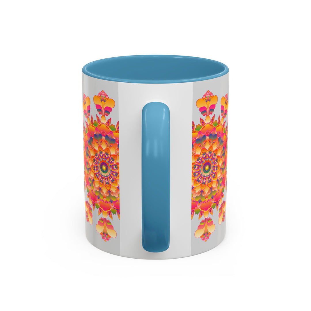 Beautiful mandala art mug featuring a colorful floral design on white background