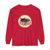 Watercolor illustration of a cute tabby cat peacefully sleeping in a bowl, featured on a comfortable long sleeve t-shirt