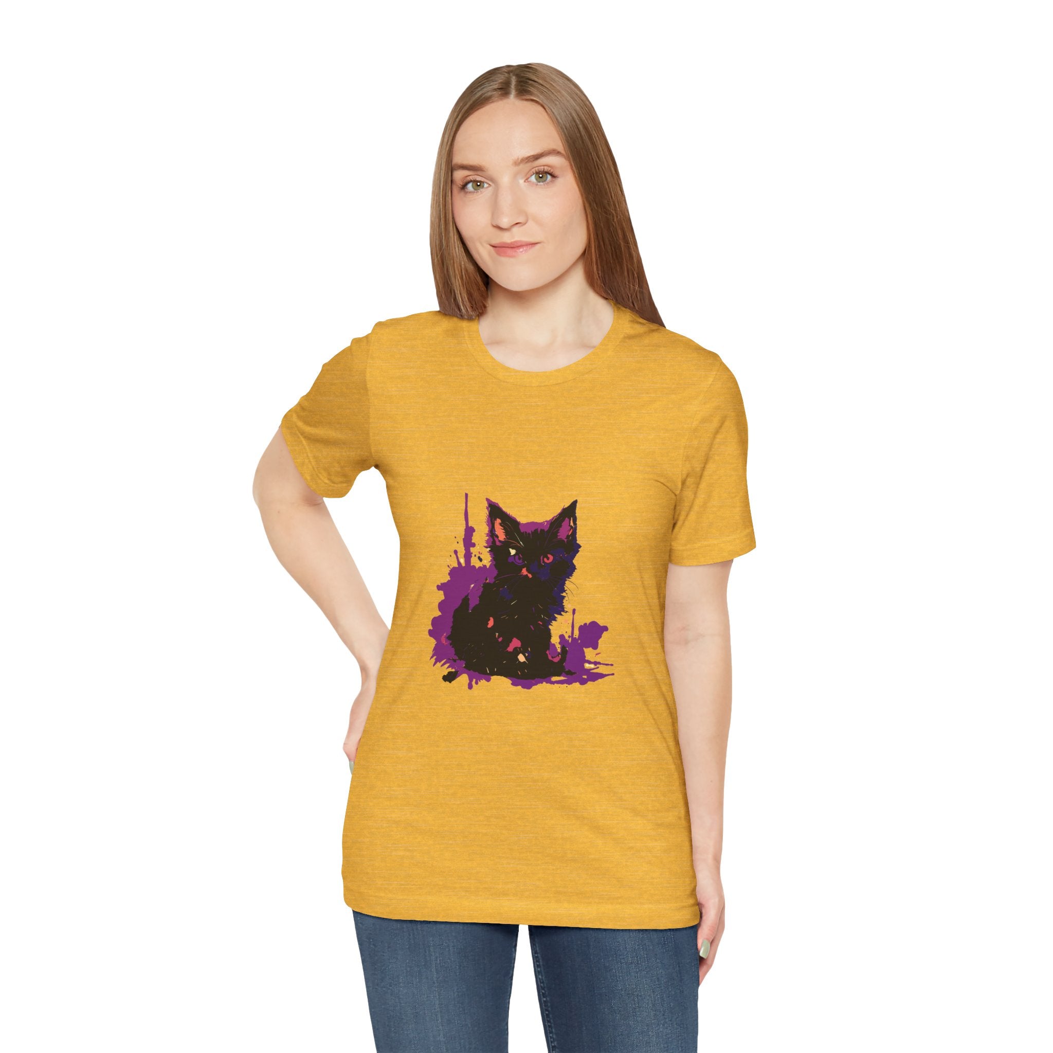 Schwarzes Katzenrätsel – Lila Farbspritzer-T-Shirt