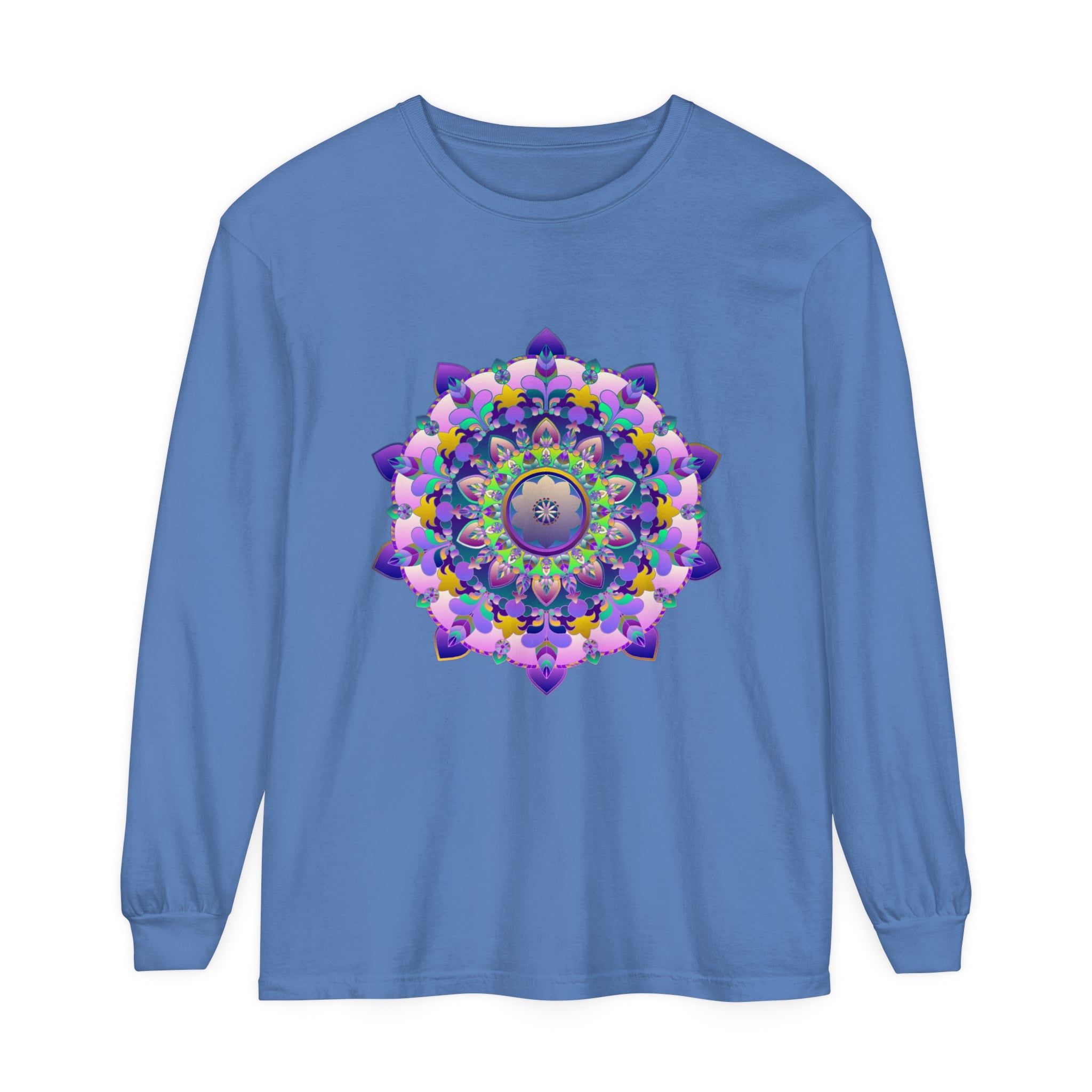 Colorful and intricate mandala design on a unisex long sleeve t-shirt