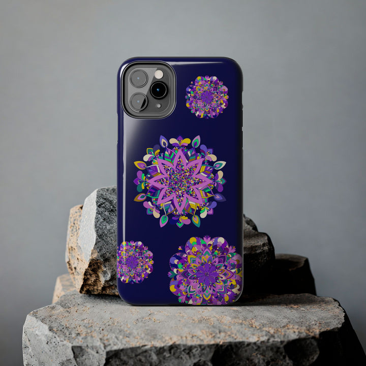 Hand drawn mandala art phone case in purple shades, durable and shock absorbent, ideal for protecting your phone from damage