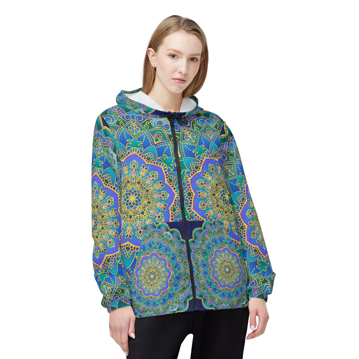 Blue Mandala Windbreaker Jacket – Colorful Boho Outdoor Layer