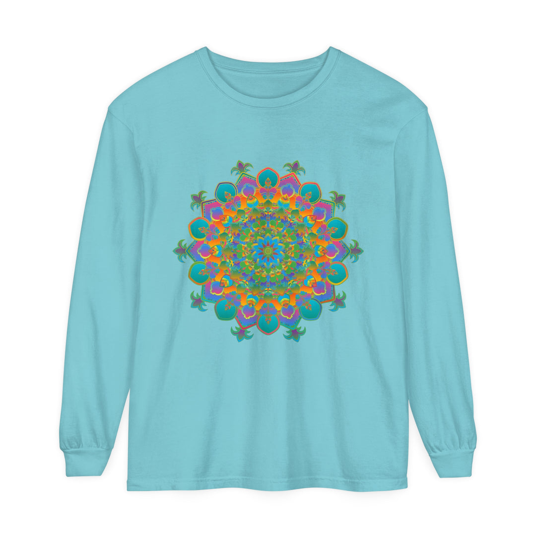 Colorful and intricate mandala design on a long sleeve t-shirt for both men and women