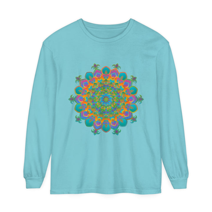 Colorful and intricate mandala design on a long sleeve t-shirt for both men and women