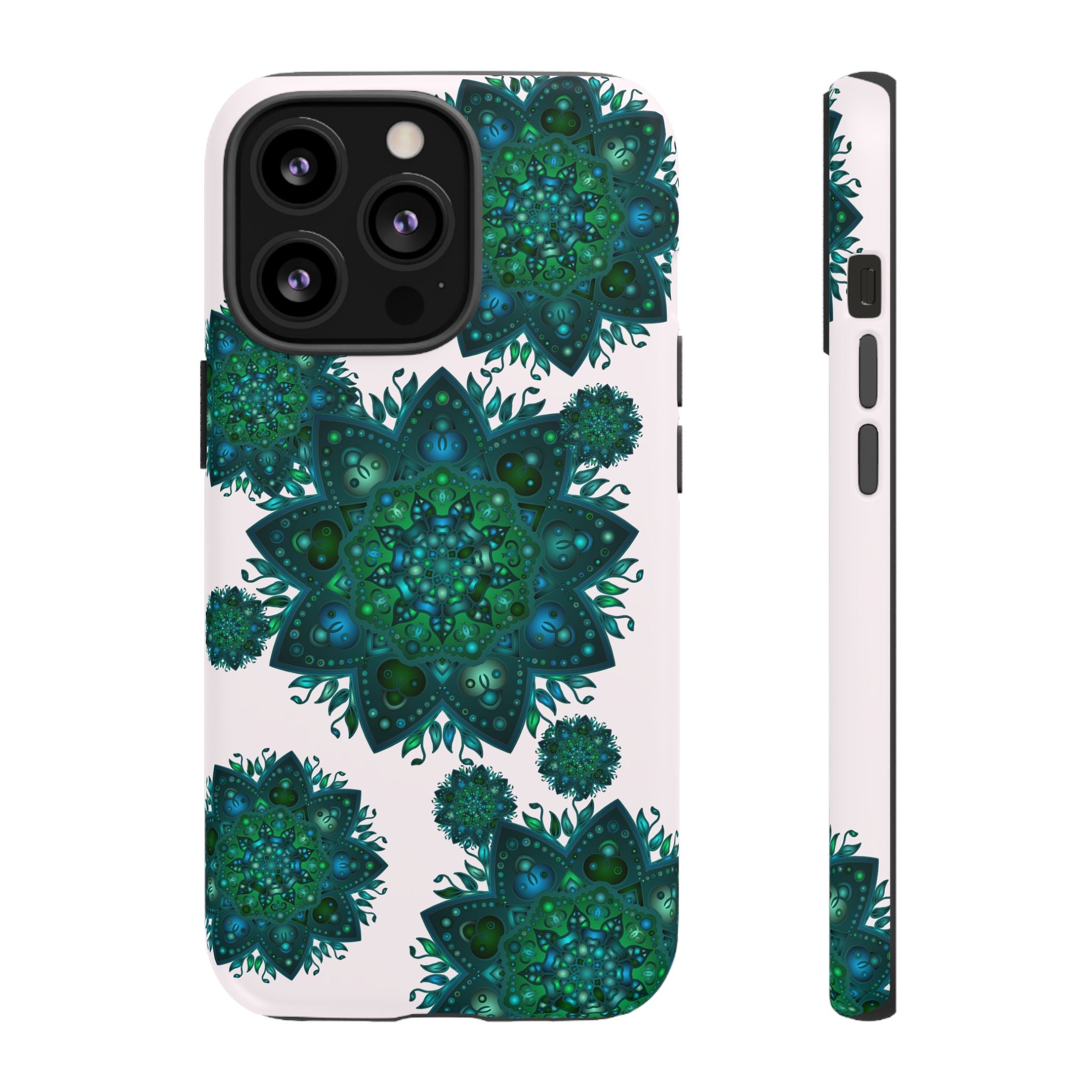 Beautiful light pink and green mandala phone case with a peaceful design