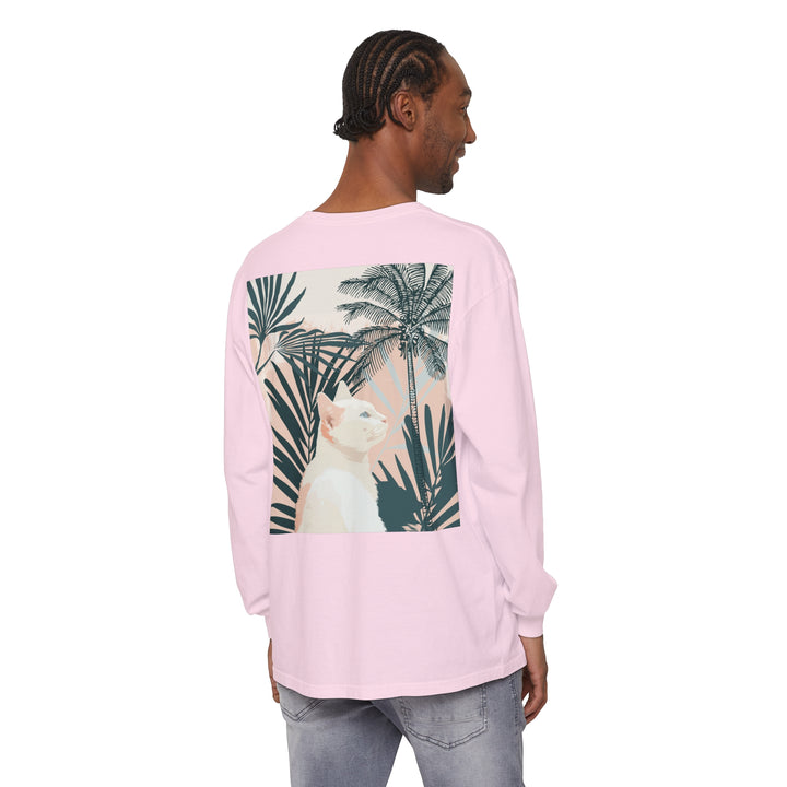 A long sleeve white cat tropical mandala t-shirt, perfect for casual wear