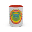 Vibrant and intricate mandala art mug against a bright background