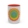 Vibrant and intricate mandala art mug against a bright background