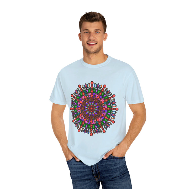 A vibrant unisex mandala t-shirt made from 100% ring-spun cotton, featuring hand-drawn mandala art and garment-dyed for extra comfort