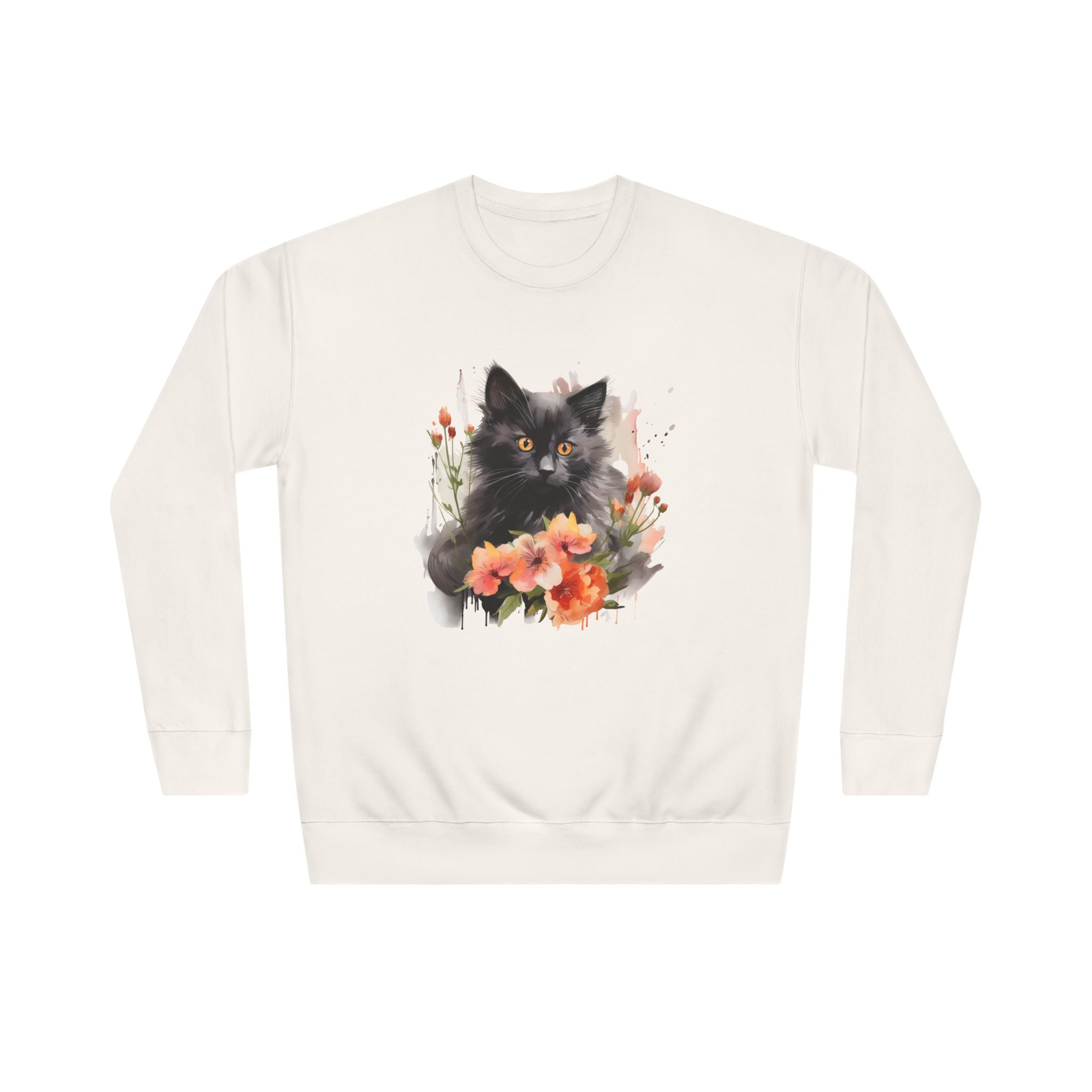 Black Cat and Blossoming Flowers Soft Cotton Sweatshirt