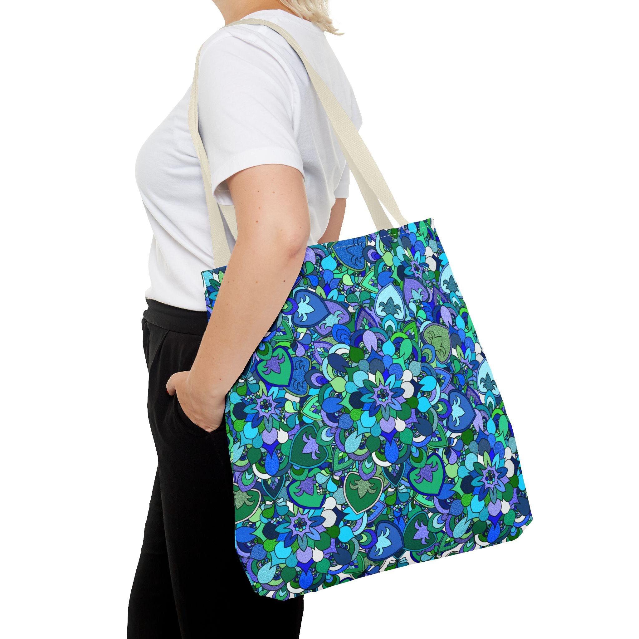 Blue Green Floral Mandala Tote Bag — Vibrant All-Over-Print Shopper