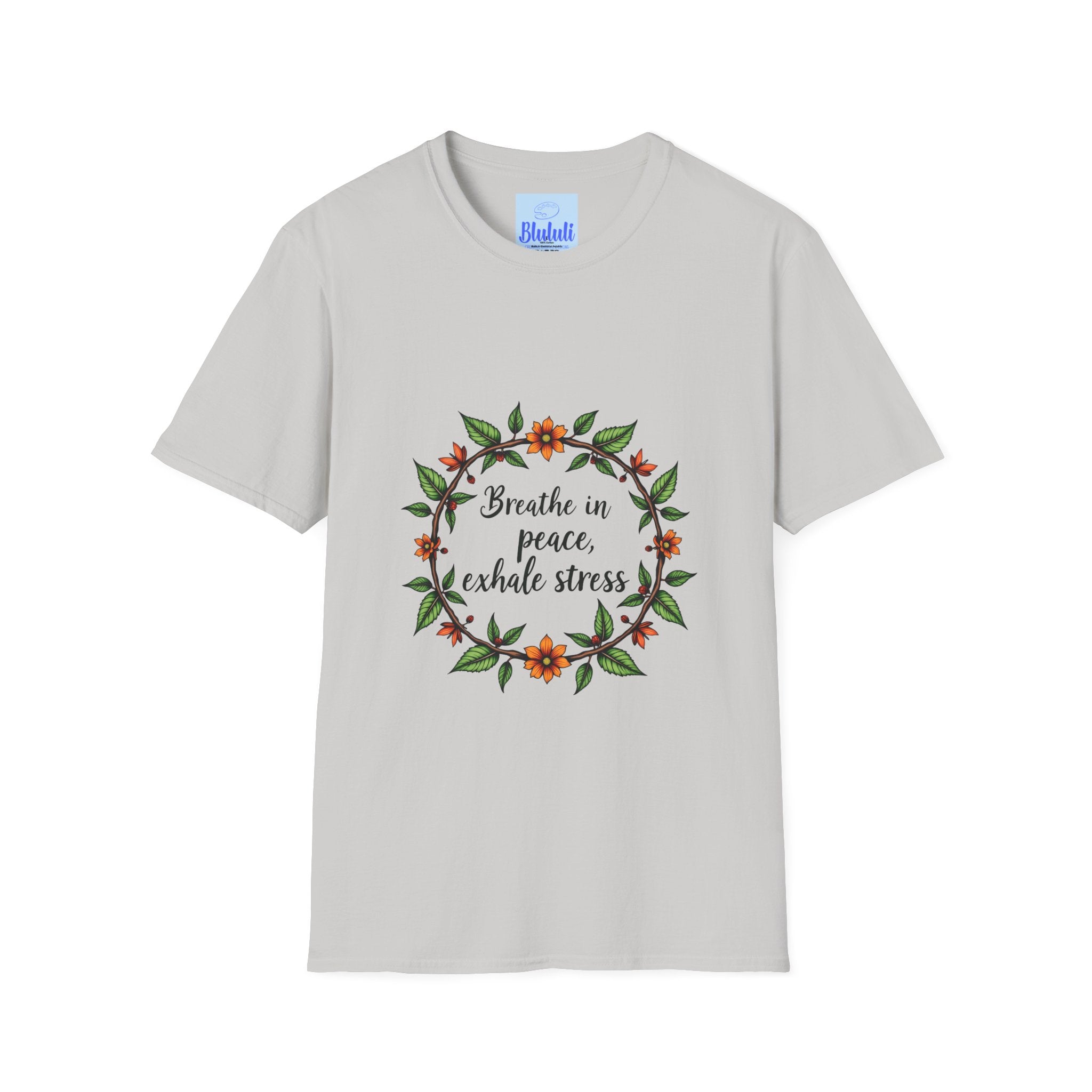 Beautiful white t-shirt with a floral garland design and the empowering statement 'Breathe in Peace Exhale Stress'