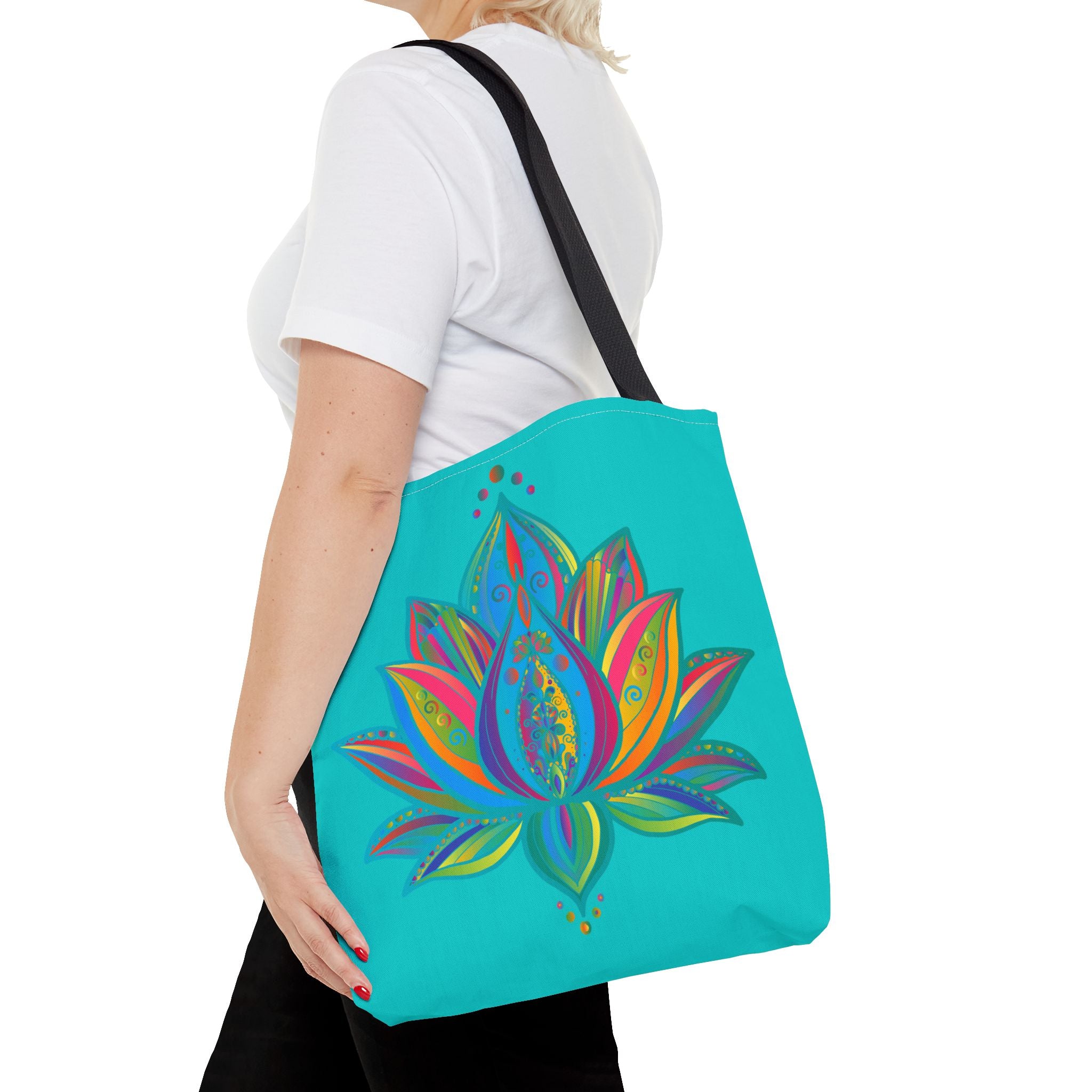 Beautiful azure blue tote bag featuring a mandala lotus design