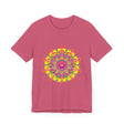 Vibrant Mandala Tee - Colorful Floral Design: A bright and intricate mandala pattern in various shades of pink, blue, and yellow, with detailed floral and leaf motifs