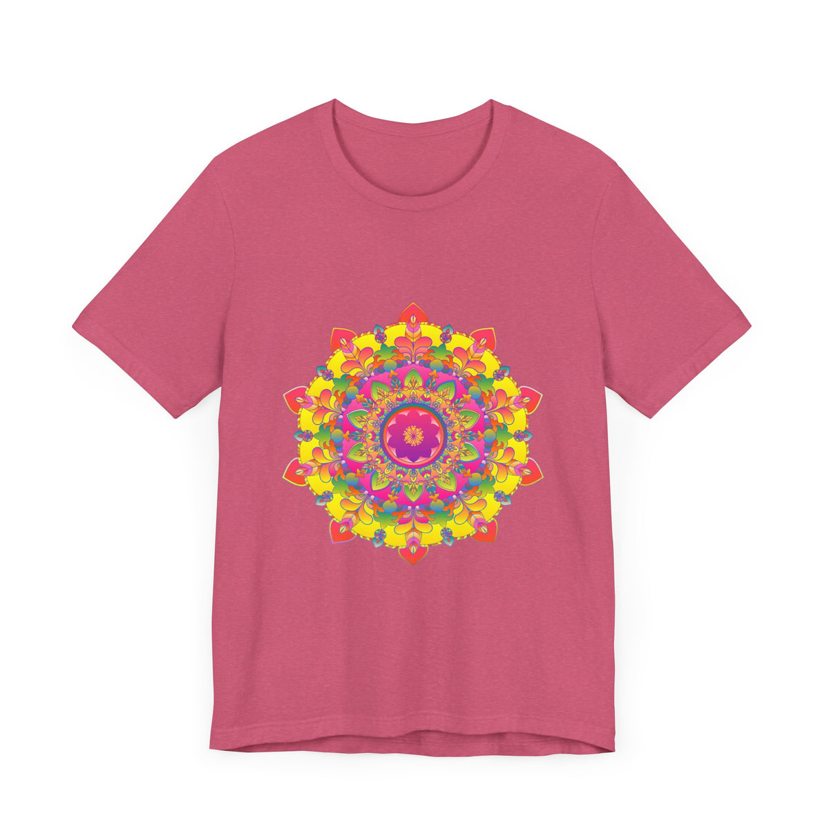 Vibrant Mandala Tee - Colorful Floral Design: A bright and intricate mandala pattern in various shades of pink, blue, and yellow, with detailed floral and leaf motifs