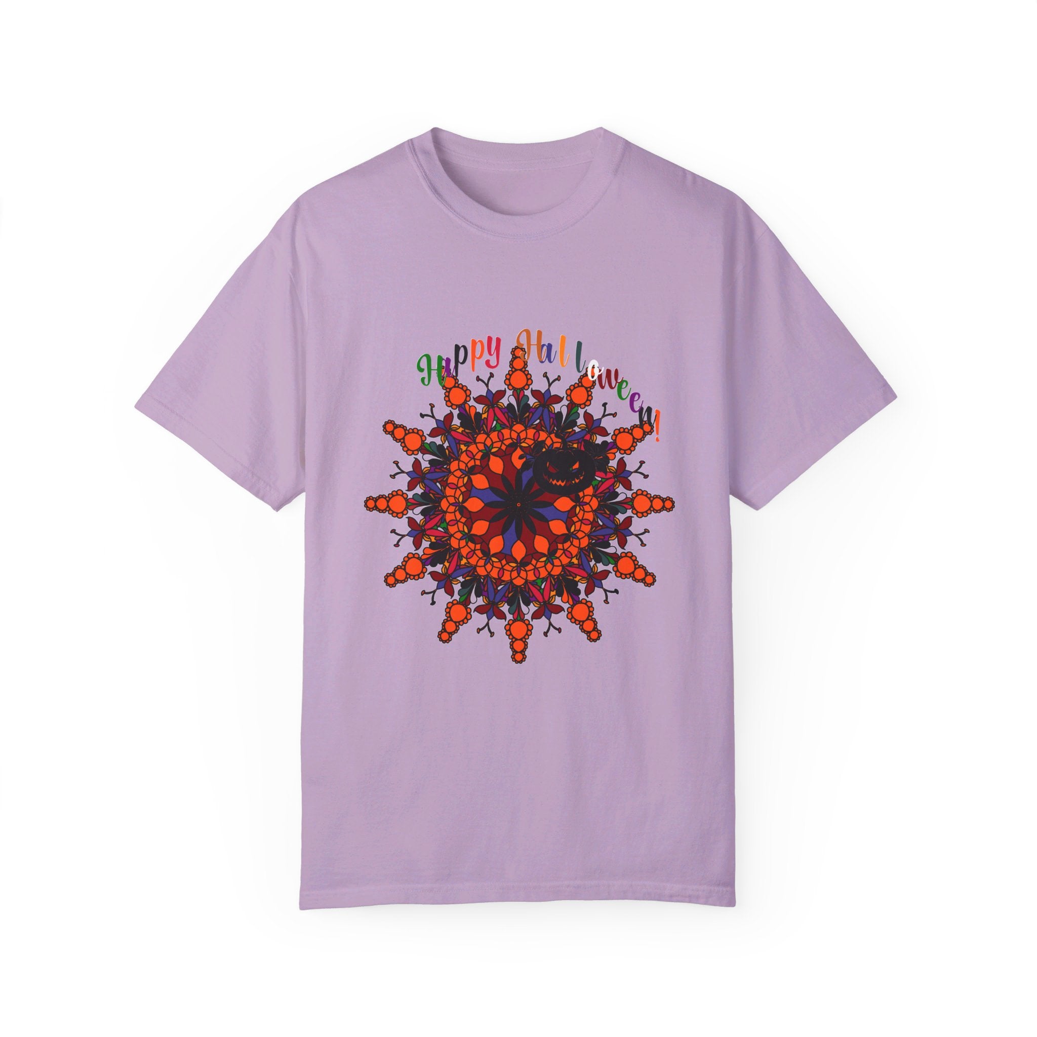 Handmade unisex Halloween Mandala T-shirt featuring intricate pumpkin mandala art, garment-dyed for a unique look and feel