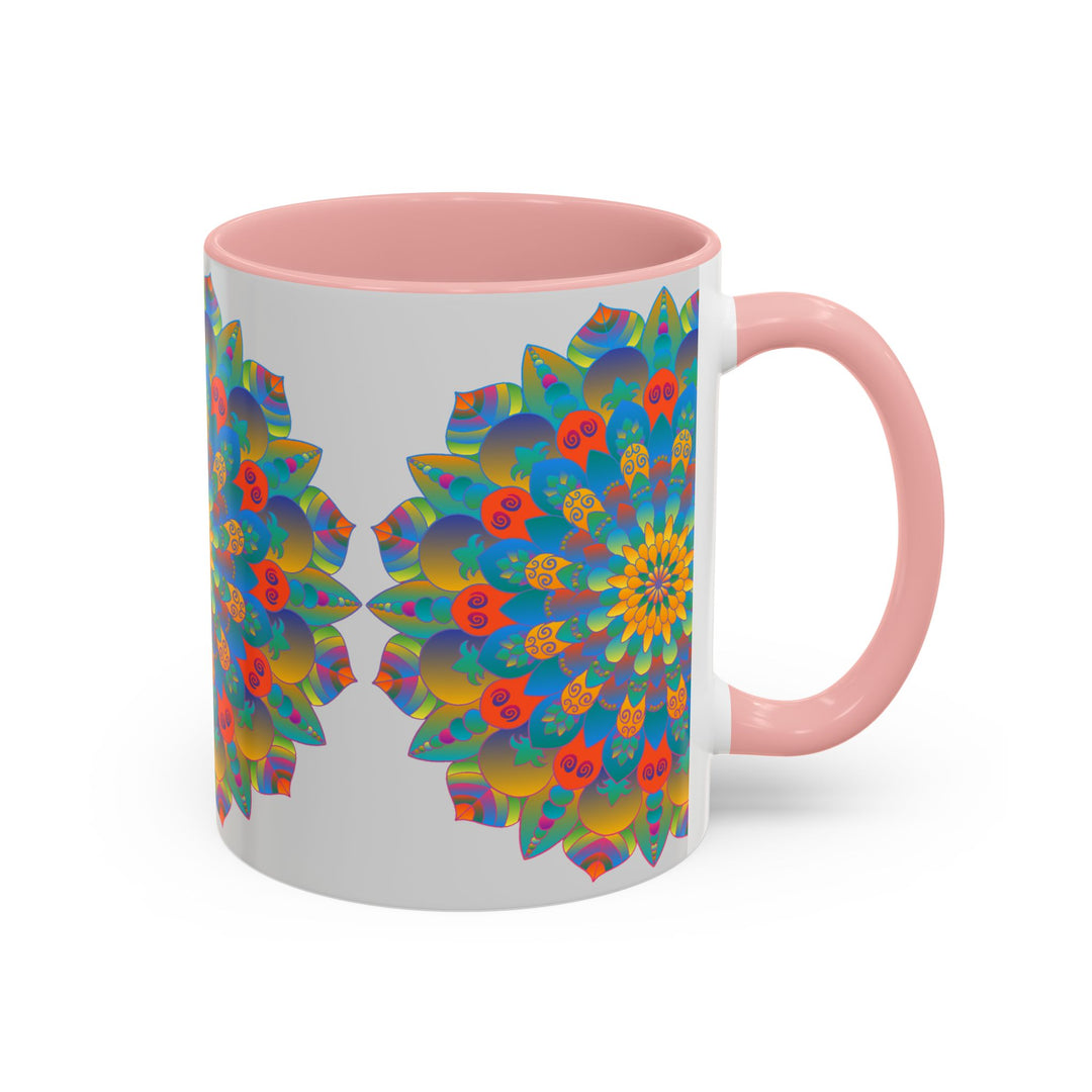 Colorful mandala art mug with vibrant yellow, orange, and blue designs