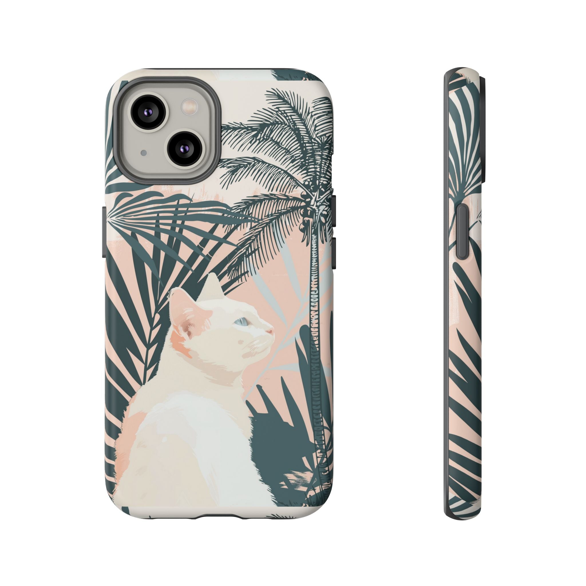 Custodia per telefono con gatto tropicale, motivi di palme lussureggianti e tenui colori pastello