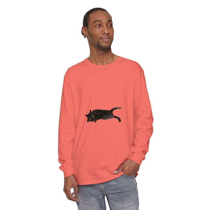 Black Cat Unisex Long Sleeve T-Shirt featuring a sleeping cat design