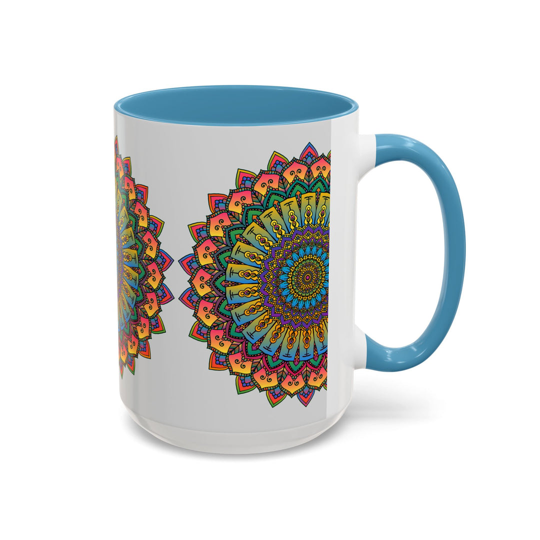 Colorful mandala art mug featuring intricate spiritual designs and vibrant colors