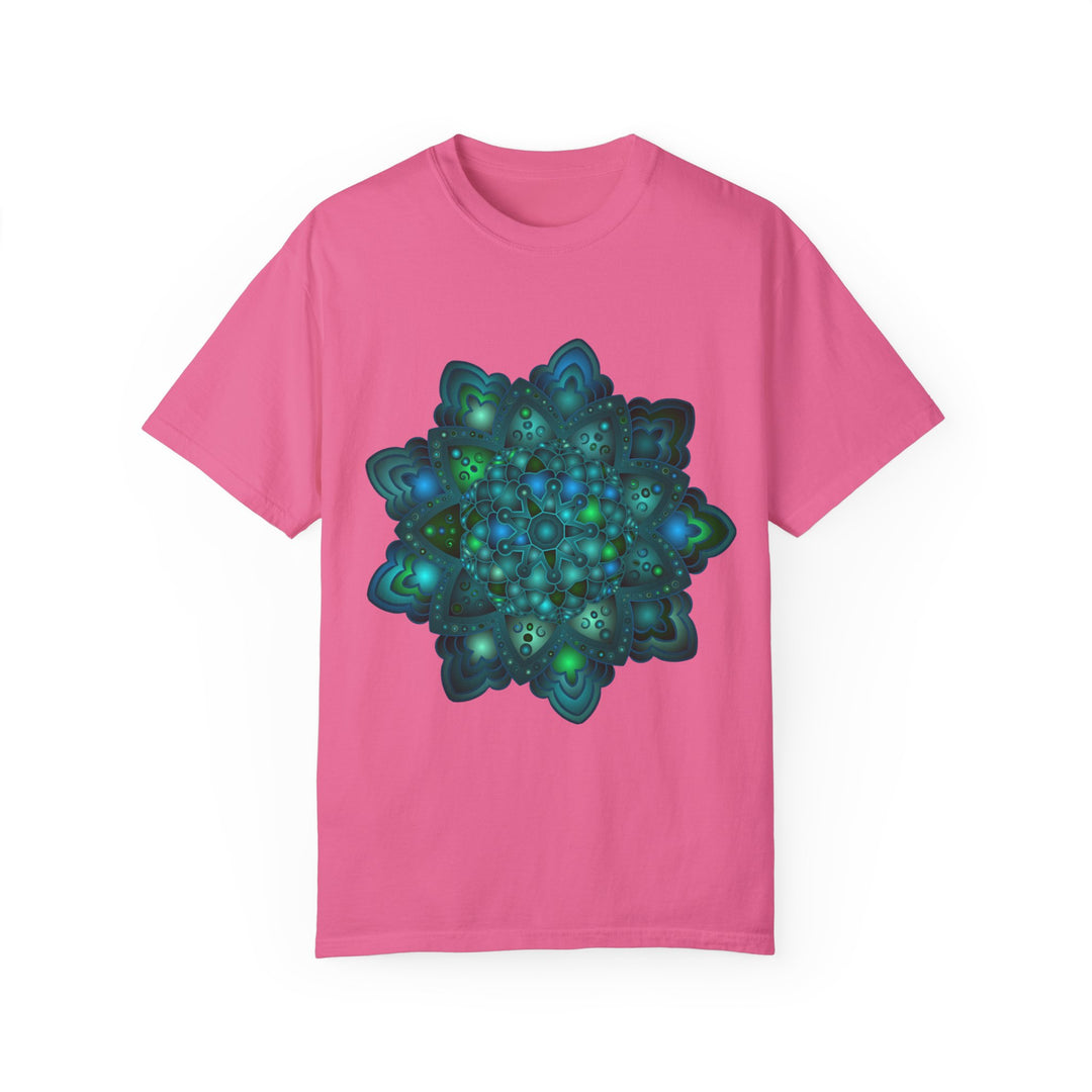 Intricate blue and green mandala design on a comfortable unisex t-shirt