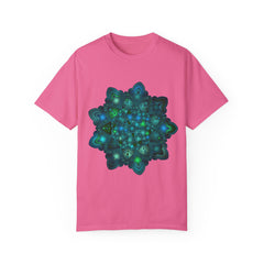 Intricate blue and green mandala design on a comfortable unisex t-shirt