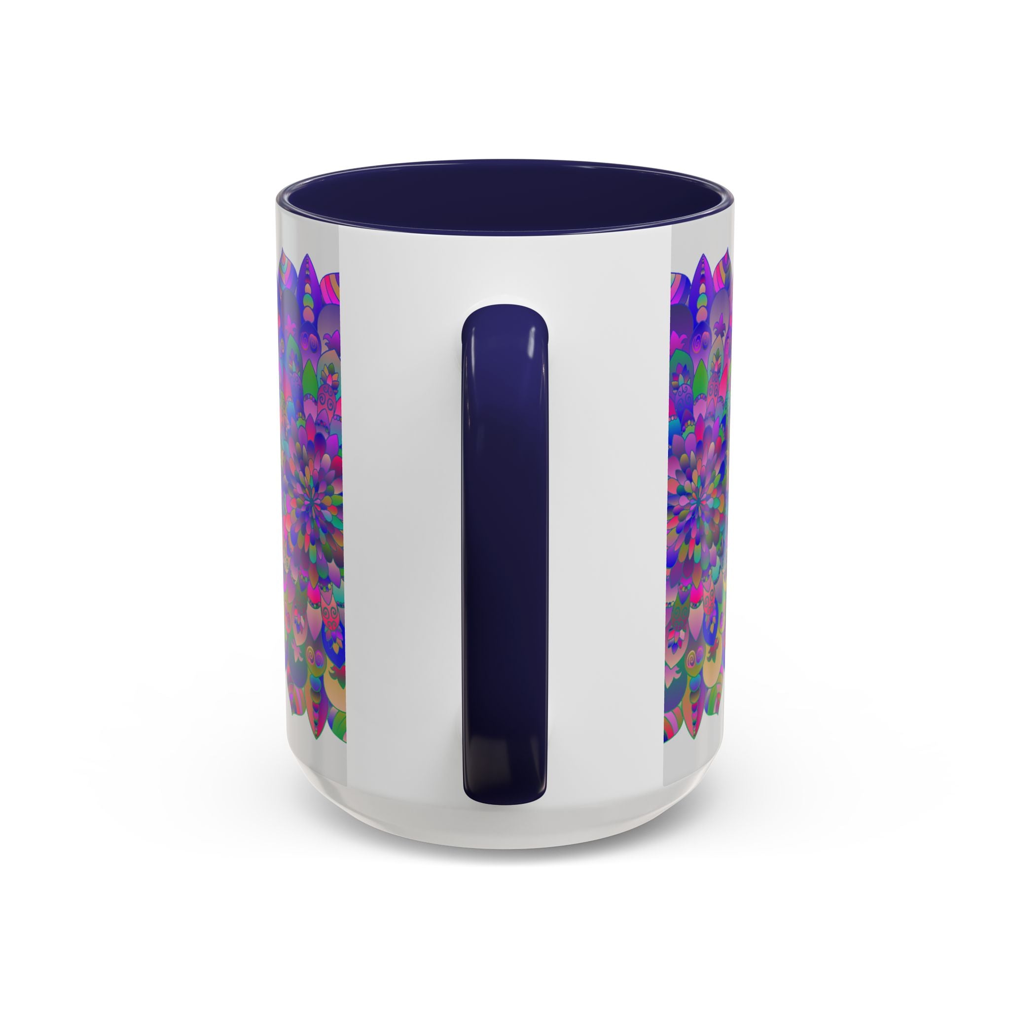 A vibrant and colorful mug featuring a psychedelic mandala design, perfect for spiritual art enthusiasts