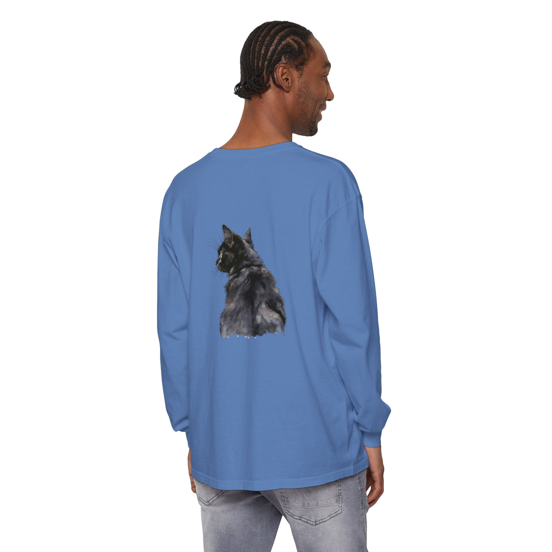 Black Cat Watercolor Long Sleeve T-Shirt showcasing a beautiful watercolor design of a black cat on a high-quality, comfortable long sleeve shirt