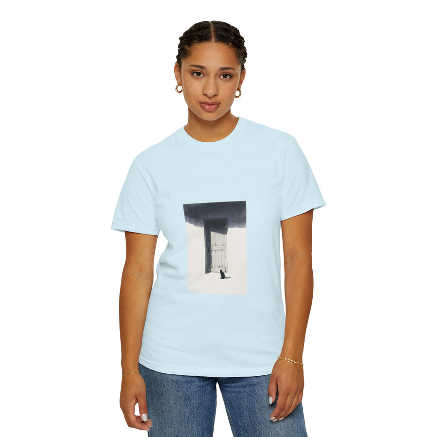 T-Shirt — Minimal Art Cat at Door Graphic Tee