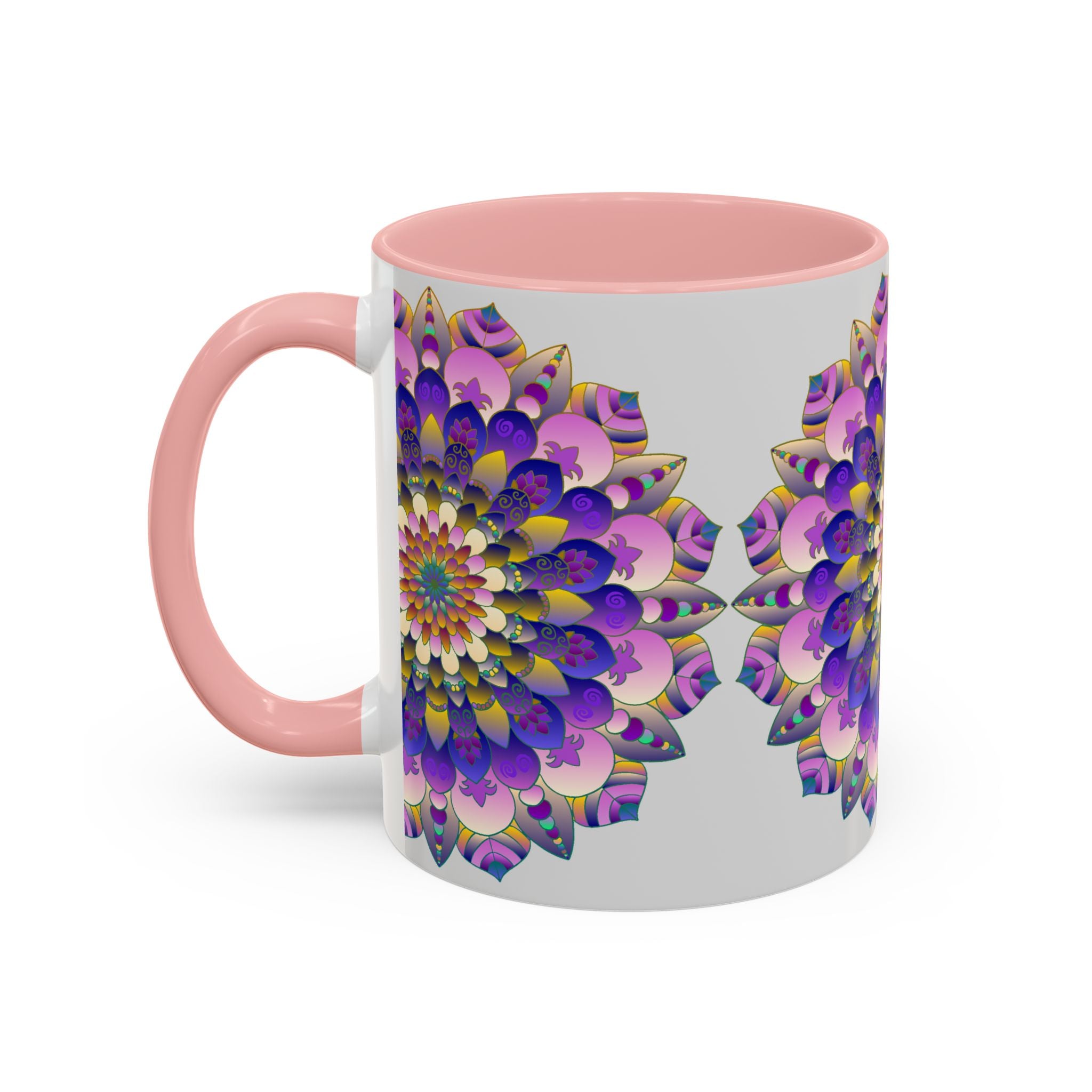 Vibrant and intricate mandala art design in rich, colorful hues on a grey ceramic mug