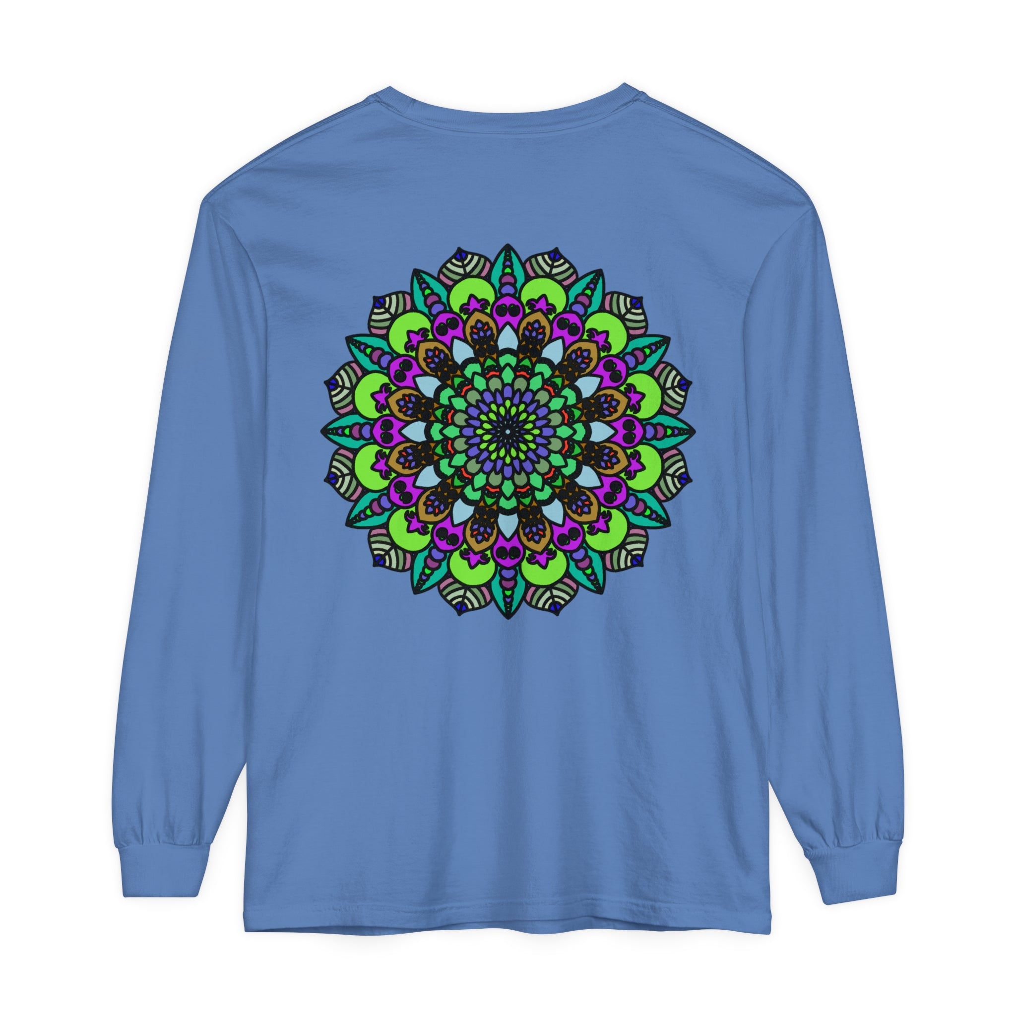 Colorful and intricate Psychedelic Mandala design on a unisex long sleeve T-shirt