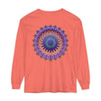 A detailed illustration of a colorful mandala design on a unisex long sleeve t-shirt