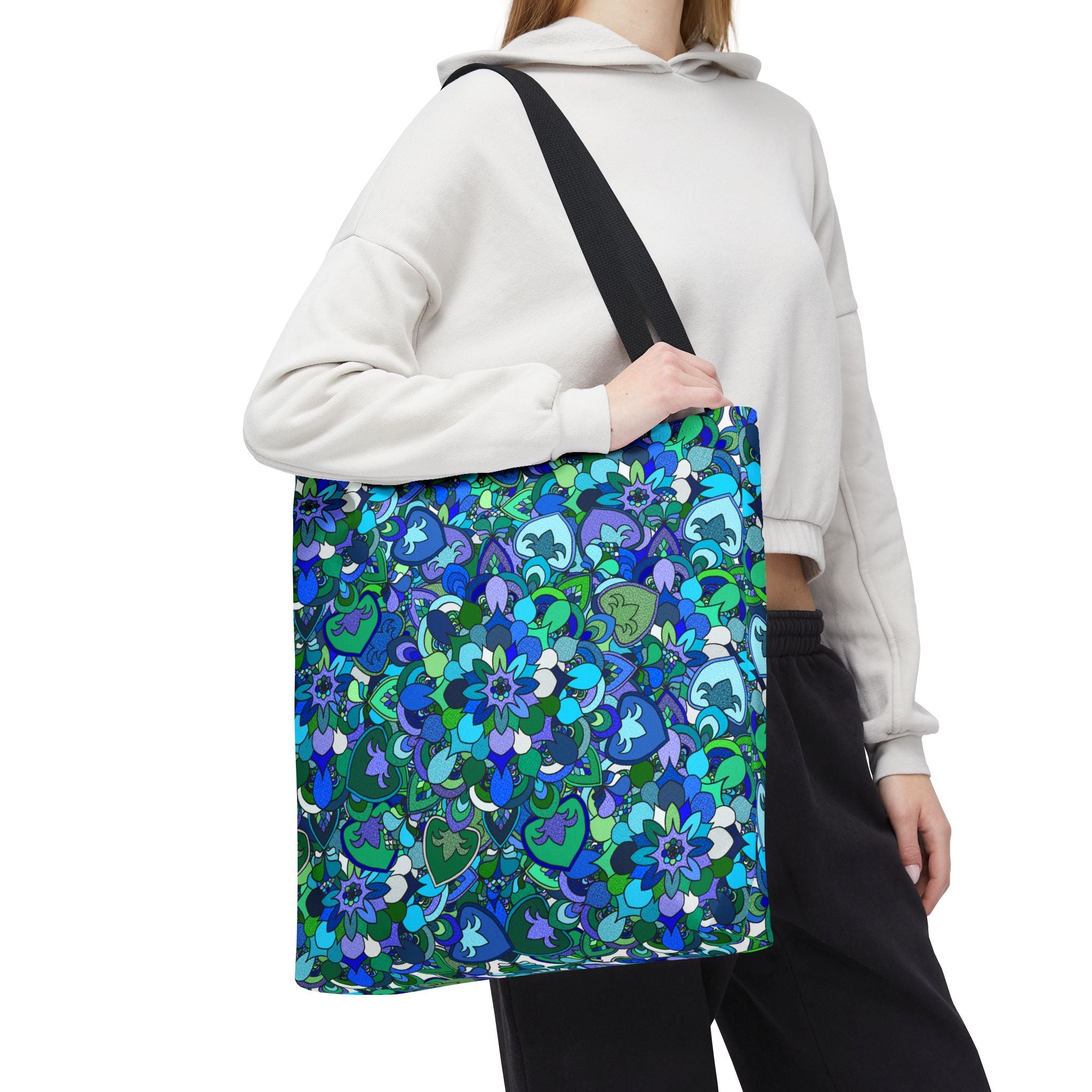 Blue Green Floral Mandala Tote Bag — Vibrant All-Over-Print Shopper