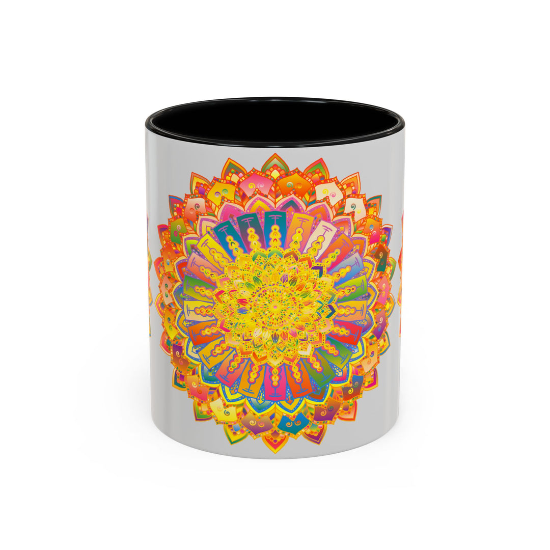 Beautiful and colorful mandala design on a grey mug