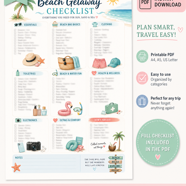 Beach Getaway Checklist with categories and icons for travel essentials on a white background.