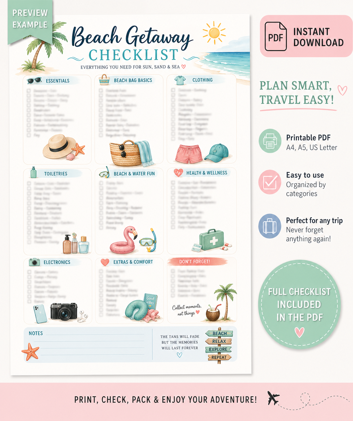 Beach Getaway Checklist with categories and icons for travel essentials on a white background.