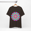 Vibrant and intricate mandala design t-shirt featuring psychedelic art in various colors