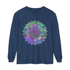 Vibrant Mandala Long Sleeve T-Shirt featuring colorful and intricate mandala design