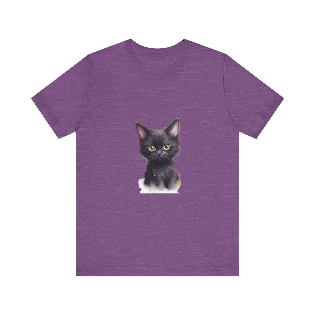 Black t-shirt featuring a mystical kitten design with a black cat surrounded by stars and moons, perfect for cat lovers and fans of mystical themes