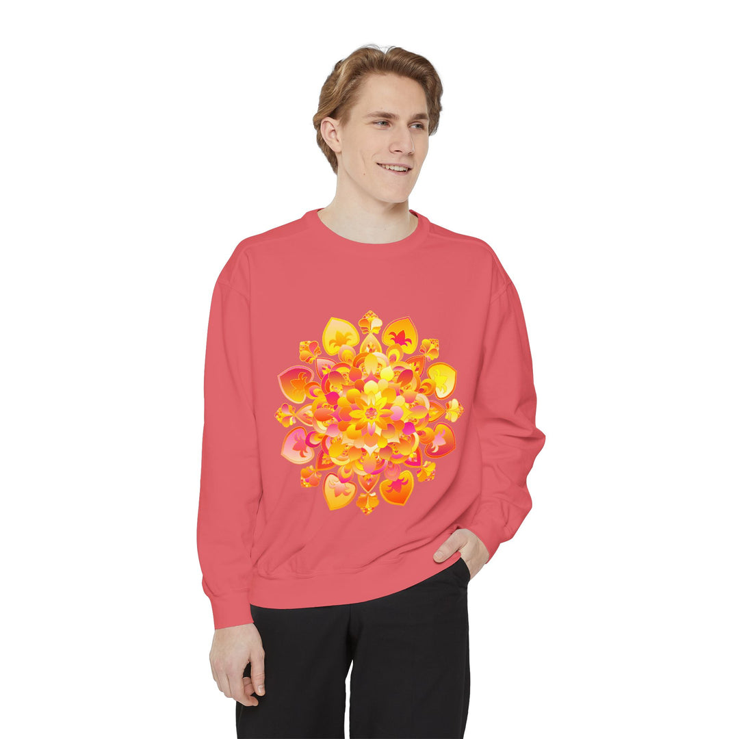 A comfortable and stylish sweatshirt with a colorful mandala design for yoga, meditation, and promoting peace and tranquility