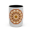 A beautiful mandala art mug with intricate patterns on a light grey background