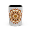 A beautiful mandala art mug with intricate patterns on a light grey background