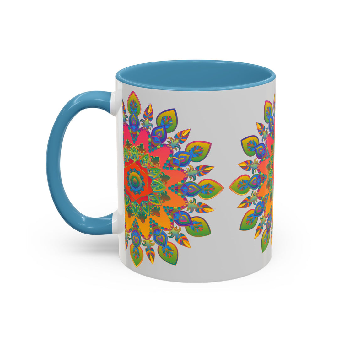 Colorful mandala mug with intricate art in various colors on grey background