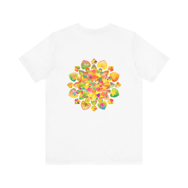 A colorful mandala design on a t-shirt representing spiritual peace and harmony